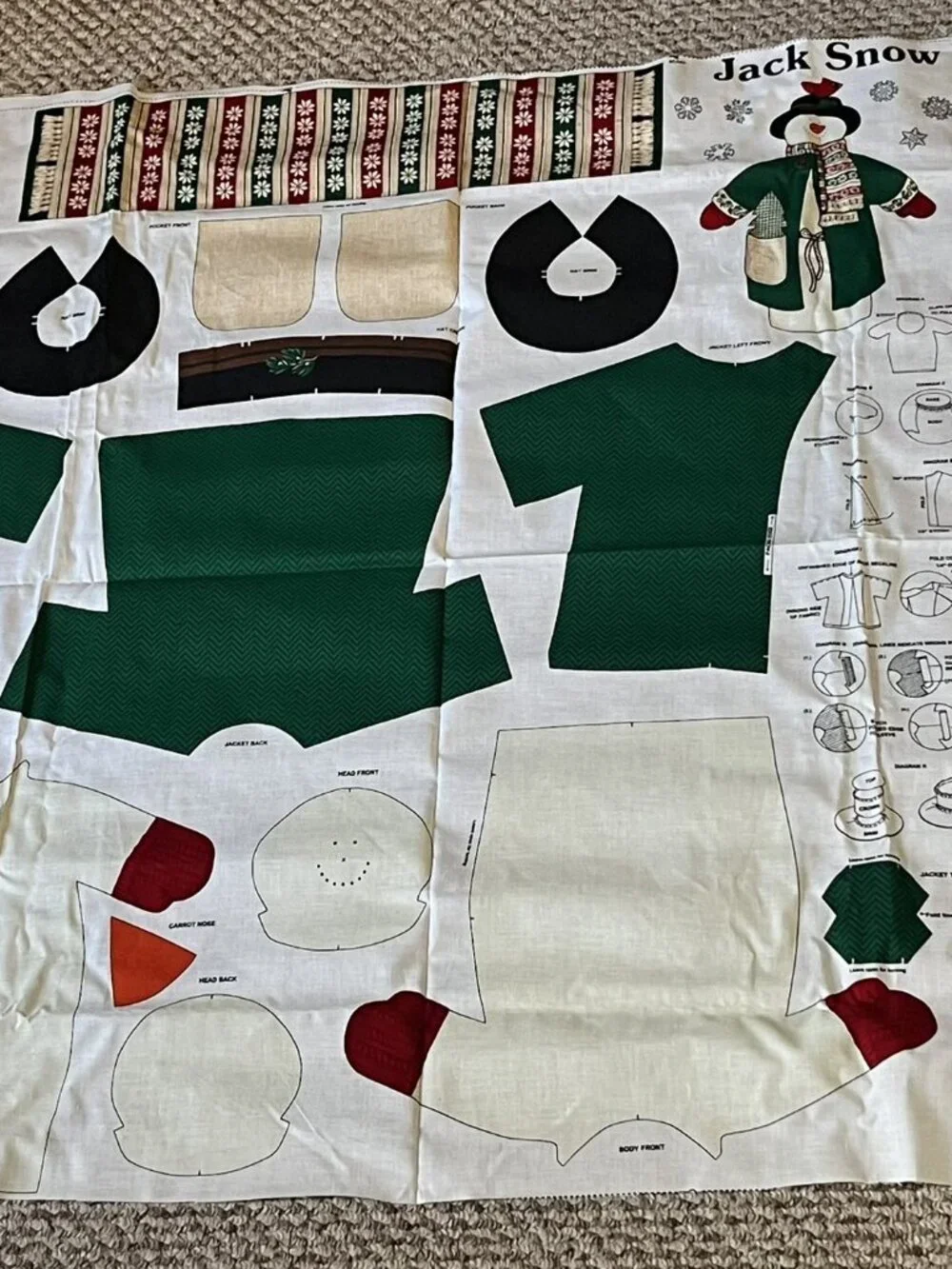 Jack Snow Stuffed Snowman , Cut and Sew Cotton Vintage 1990s Fabric Panel